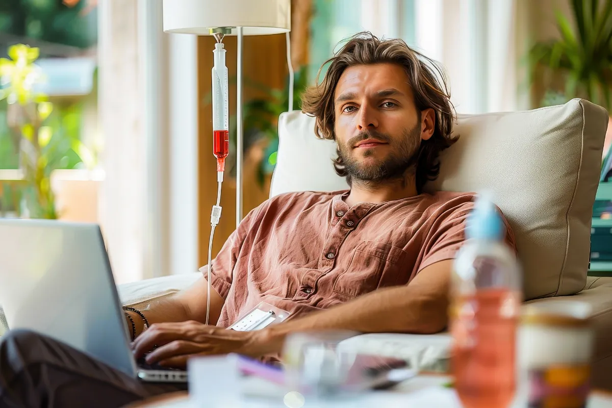 Man reclining on a sofa receiving IV therapy, with a drip attached to his arm while using a laptop in a relaxed home setting.
