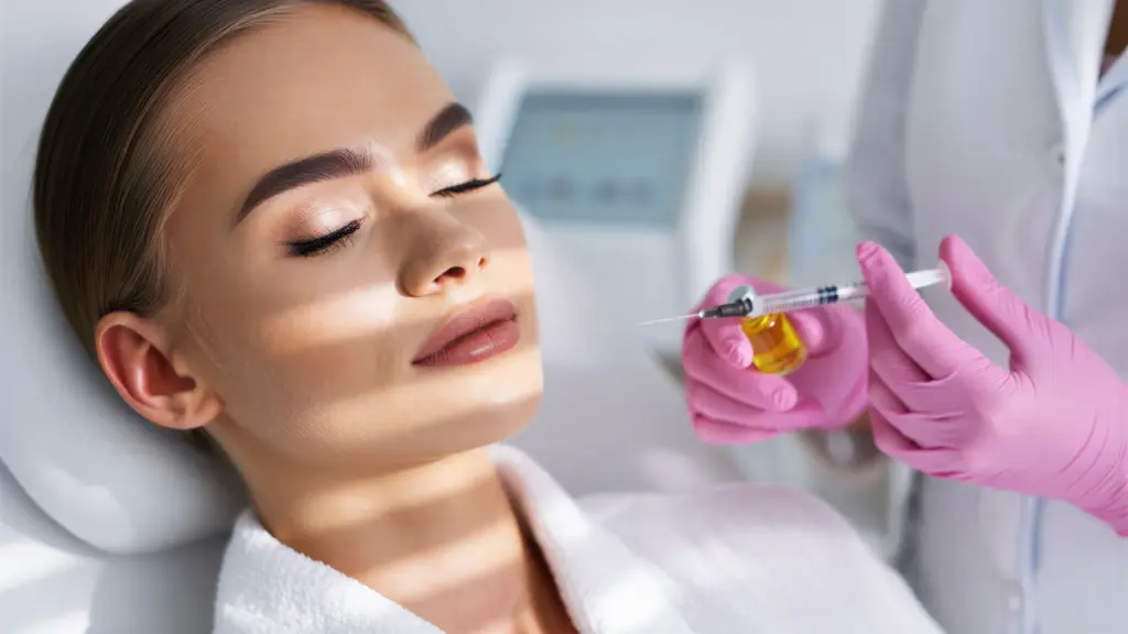 Woman receiving PRP facial injection by medical professional, highlighting skin rejuvenation and anti-aging treatment.