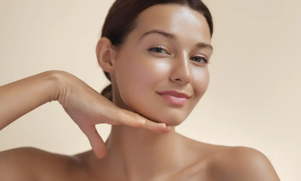 Close-up of a woman with smooth, radiant skin gently resting her hand under her chin, highlighting a clear complexion and natural beauty against a soft background.