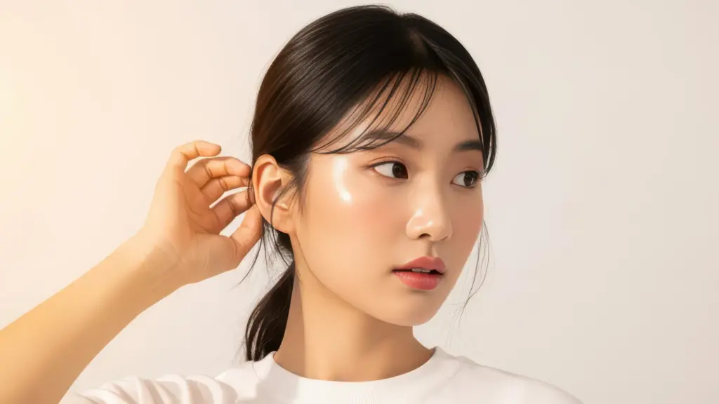 Portrait of a young woman with clear, glowing skin, gently touching her hair while looking to the side against a soft, neutral background.