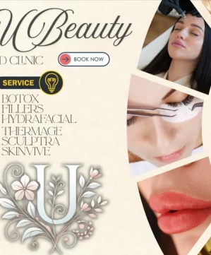 Collage-style promotional image for U Beauty Med Clinic featuring facial treatments, close-up skincare visuals, and a list of services including Botox, fillers, and Hydrafacial.