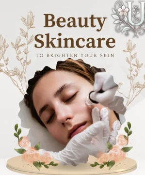 Woman receiving a professional facial skincare treatment with a handheld device, promoting beauty and skin rejuvenation services.